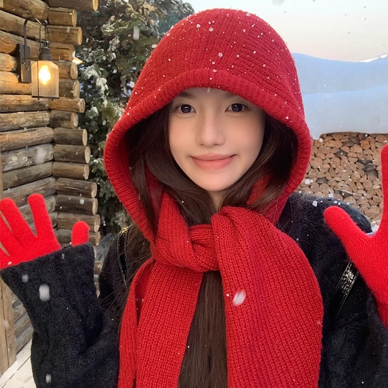 红色巴拉克拉法帽女秋冬季保暖