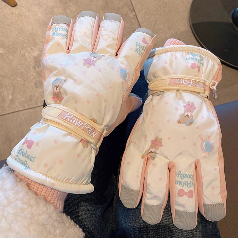 米色可爱小熊滑雪手套女冬季