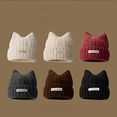 女款猫耳朵针织帽大头围防寒保暖