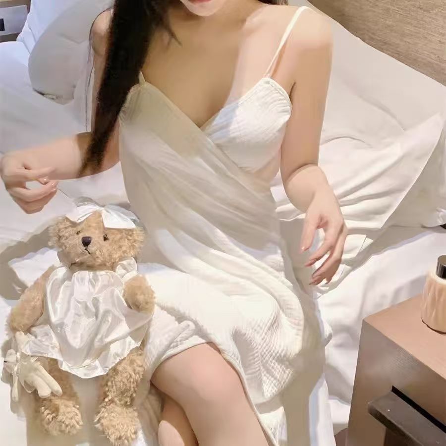 2025新款棉纱睡衣女夏季薄款纯欲高级感穿戴式吊带浴巾浴裙露背夏