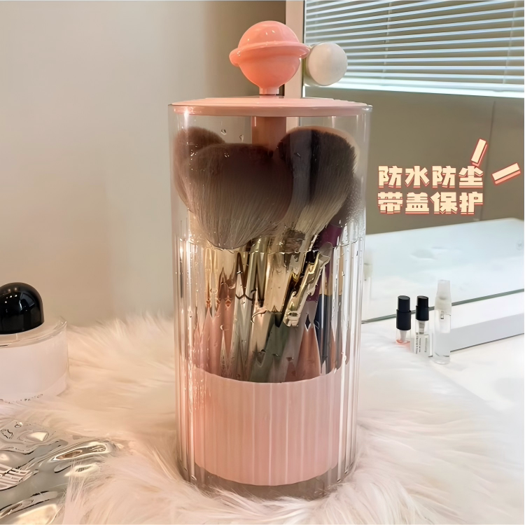 化妆刷收纳筒按压防尘高级感梳妆台眉笔粉刷置物架自动升降刷子桶