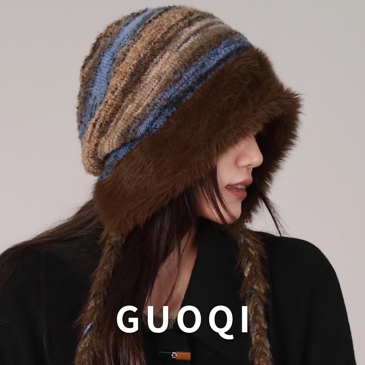 果奇大头围针织包头帽