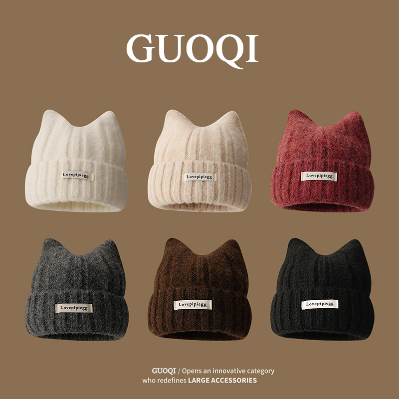 猫耳朵毛线帽大头围女款可爱冷帽子秋冬季加厚防寒保暖针织毛绒帽