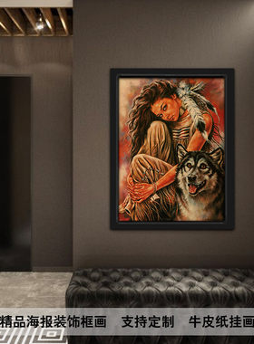 印第安人物装饰画复古海报框画现代艺术背景墙画美式酒吧挂画壁画