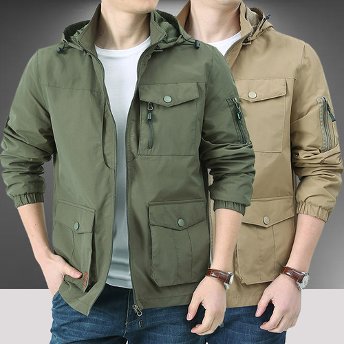 柏承可拆卸帽春秋宽松多口袋夹克