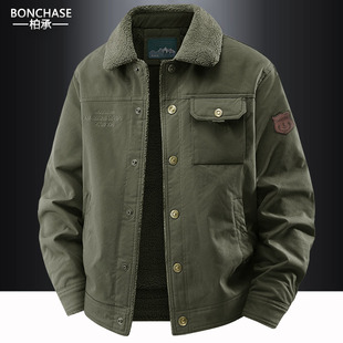 工装加绒外套男秋冬翻领休闲中年男装上衣宽松大码多口袋水洗夹克