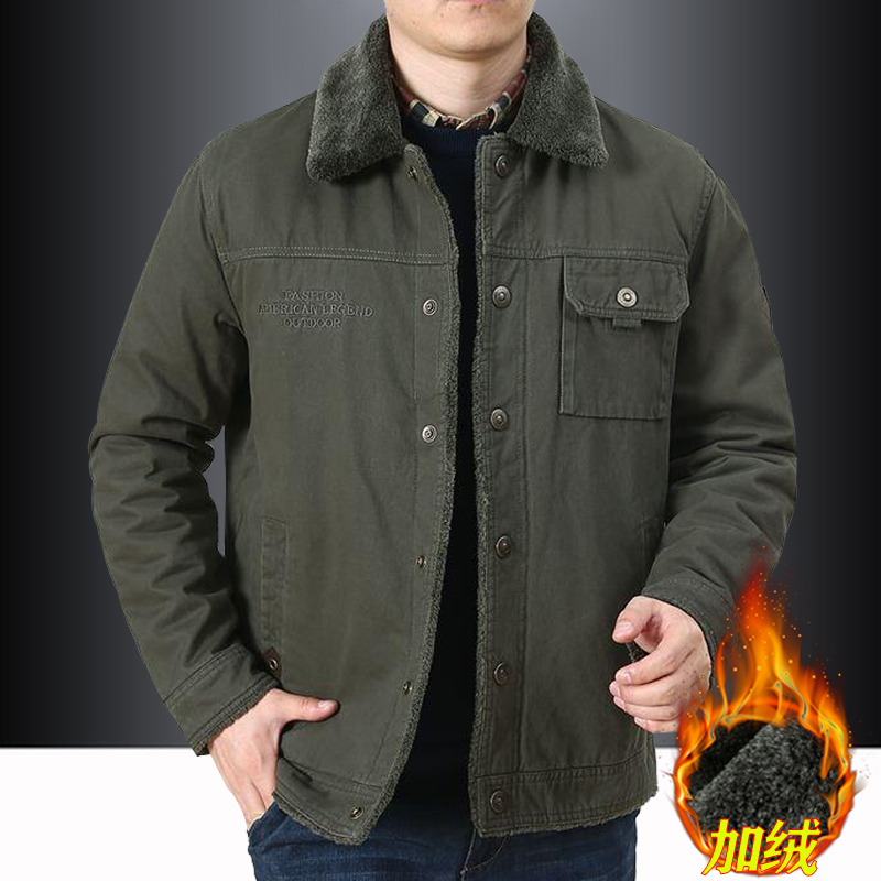 秋季纯棉翻领工装夹克男加绒加厚秋冬多袋外套宽松大码爸爸上衣服