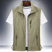 春秋款 马甲薄弹力透气立领坎肩户外速干绣花纯色休闲中年背心 男士