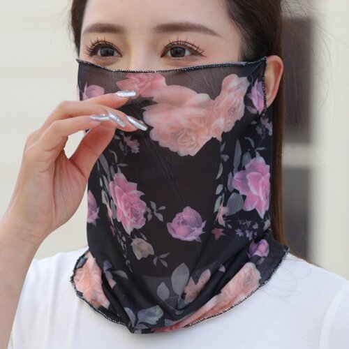 牛奶纱面罩挂耳防晒面纱双层透气口罩水洗时尚3D印花面罩护脖百搭