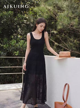 AIKUING法式无袖蕾丝连衣裙女轻奢高级感中长款拼接裙子修身长裙