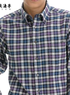 AF春季磨毛紫色格子男士长袖衬衫秋款休闲中年修身免烫法兰绒衬衣