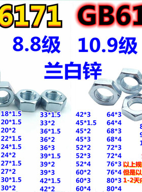 8.810.9级镀蓝兰白锌细幼左右正反旋丝牙锁紧厚薄扁外六角螺母帽