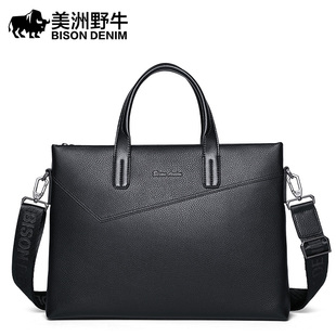 美洲野牛男士公文包真皮大容量14寸电脑包商务横款牛皮男包手提包