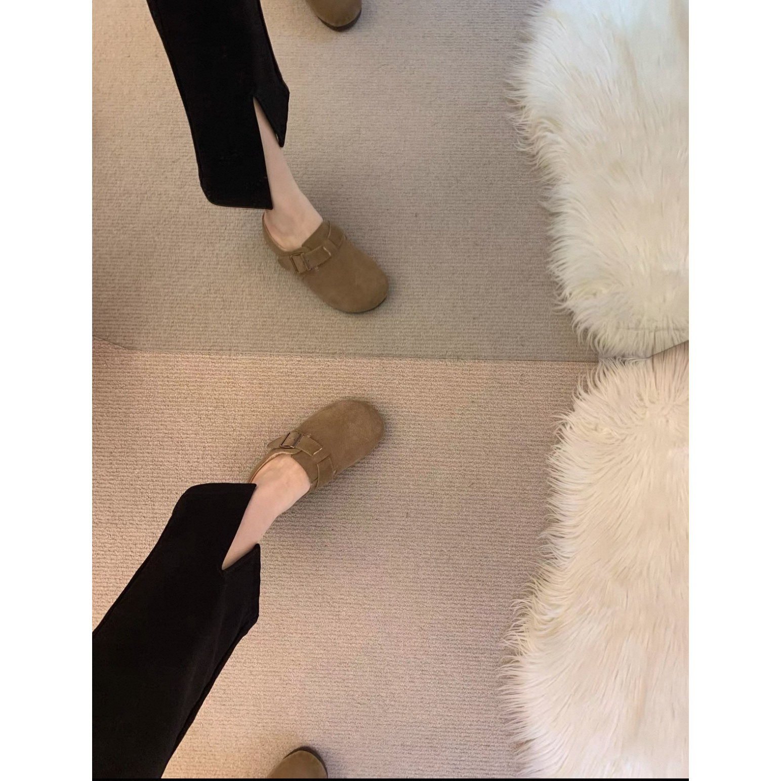 厚底真皮博肯加绒拖鞋