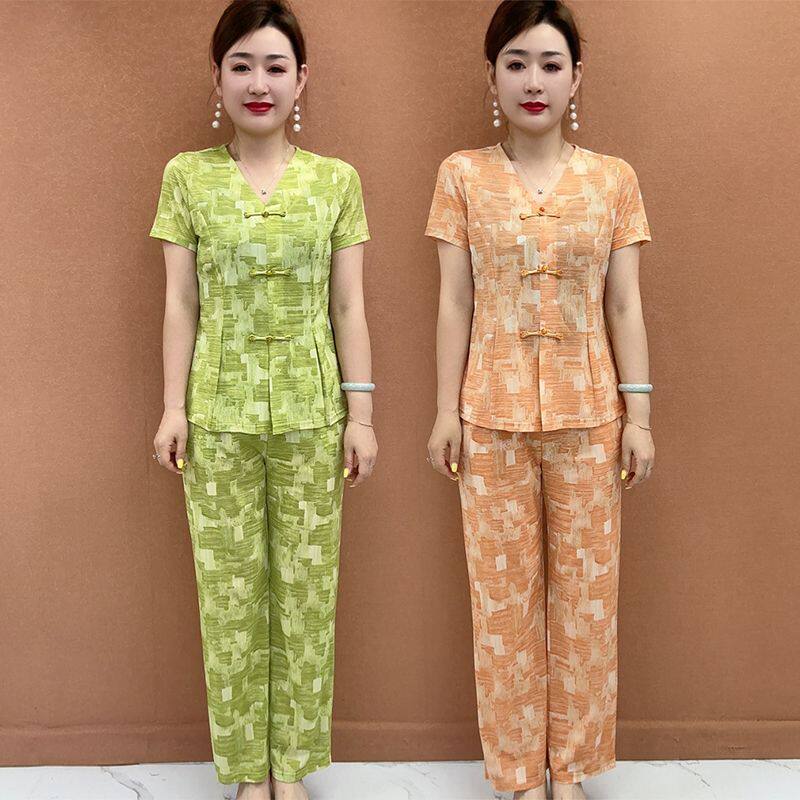 [一整套]妈妈装清凉夏短袖T恤遮肚减龄盘扣上衣+九分裤子两件套装