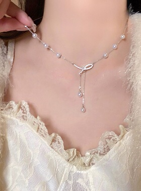 怦然心动/925蝴蝶结流苏项链女轻奢小众精致颈链温柔高级毛衣链