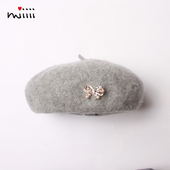 女童贝雷帽秋冬羊毛呢灰色百搭时尚 亮钻蝴蝶结小孩儿童宝宝亲子帽
