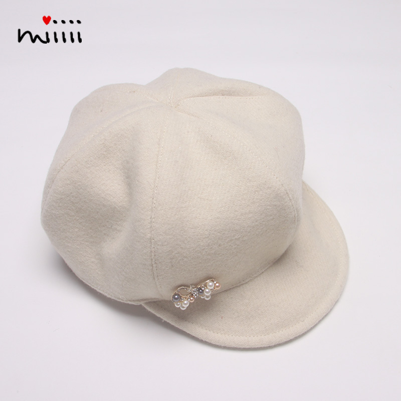 女童贝雷鸭舌帽秋冬季羊毛呢米色