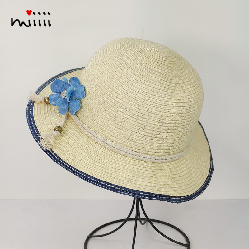 麦纷女童帽子夏季薄款草编花朵小孩儿童女宝宝渔夫大沿防晒遮阳帽