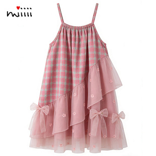 女童吊带裙夏季纯棉粉红格子网纱薄款洋气小孩儿童女宝宝连衣裙子