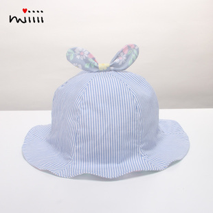 女童帽子春夏薄款纯棉遮阳蓝色蝴蝶结小孩儿女宝宝瓜皮渔夫防晒帽