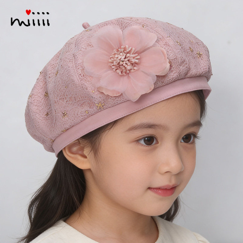 女童贝雷帽春夏薄款纯棉蕾丝网纱花朵小孩儿童女宝宝六角画家帽子