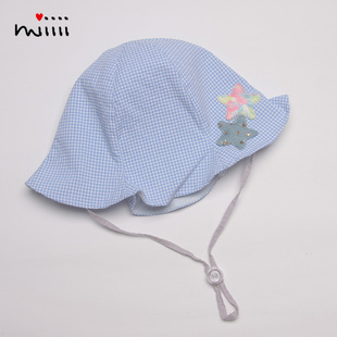 初秋季女宝宝帽子薄款纯棉小细格子蓝色星星小孩儿童女瓜皮渔夫帽