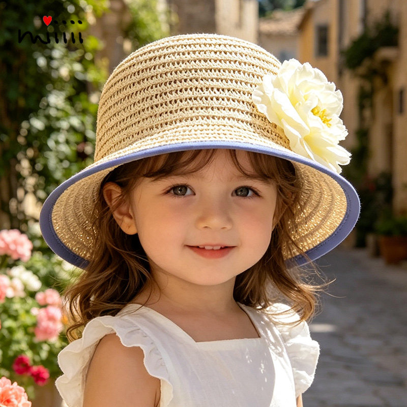 麦纷女童帽子春夏薄款草编镂空花朵小孩儿童女宝宝渔夫防晒草凉帽