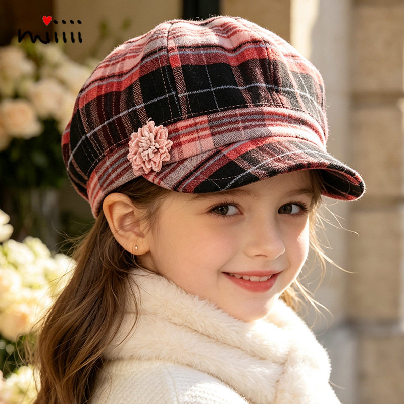 女童帽子秋季羊毛呢粉色格花朵小孩儿童女宝宝鸭舌百搭贝雷鸭舌帽
