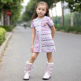 纯棉针织提花爱心条纹小孩儿童洋气短袖 女童毛衣裙初秋季 连衣裙子