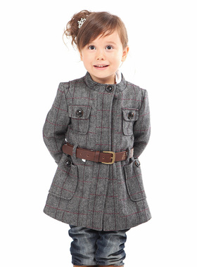 反季促销女童外套秋冬季羊毛格灰色百搭防风保暖小孩中长呢子大衣