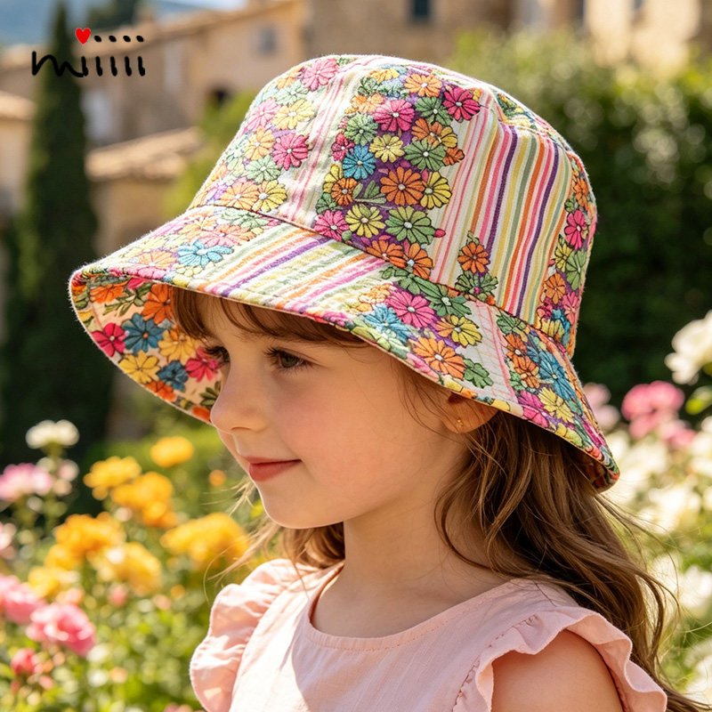 春夏女宝宝帽子薄款条纹花朵休闲透气纯棉小孩儿童渔夫遮阳防晒帽