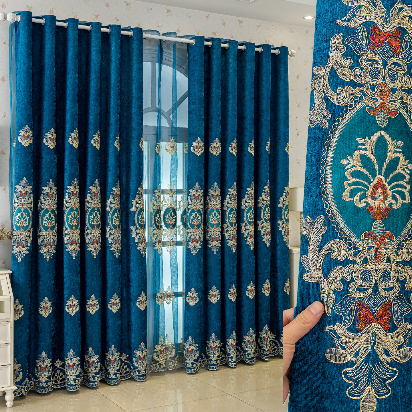 欧式高档奢华大气加厚雪尼尔客厅卧室遮光窗帘宫廷别墅绣花布防晒