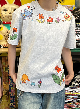 王有病工作室 260G重磅！领口下摆拼接麻灰色可爱oversize短袖T恤