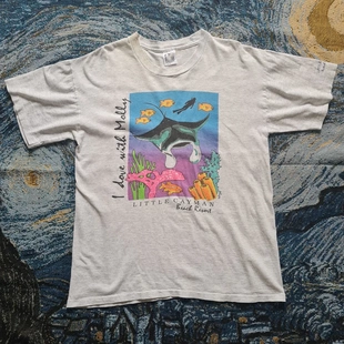 王有病工作室 vintage风小开曼海滩度假半袖小众古着感落肩款上衣