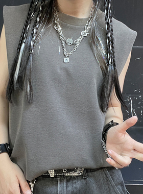 王有病工作室 高级感深麻灰色背心纯色华夫格砍袖T恤男女情侣装