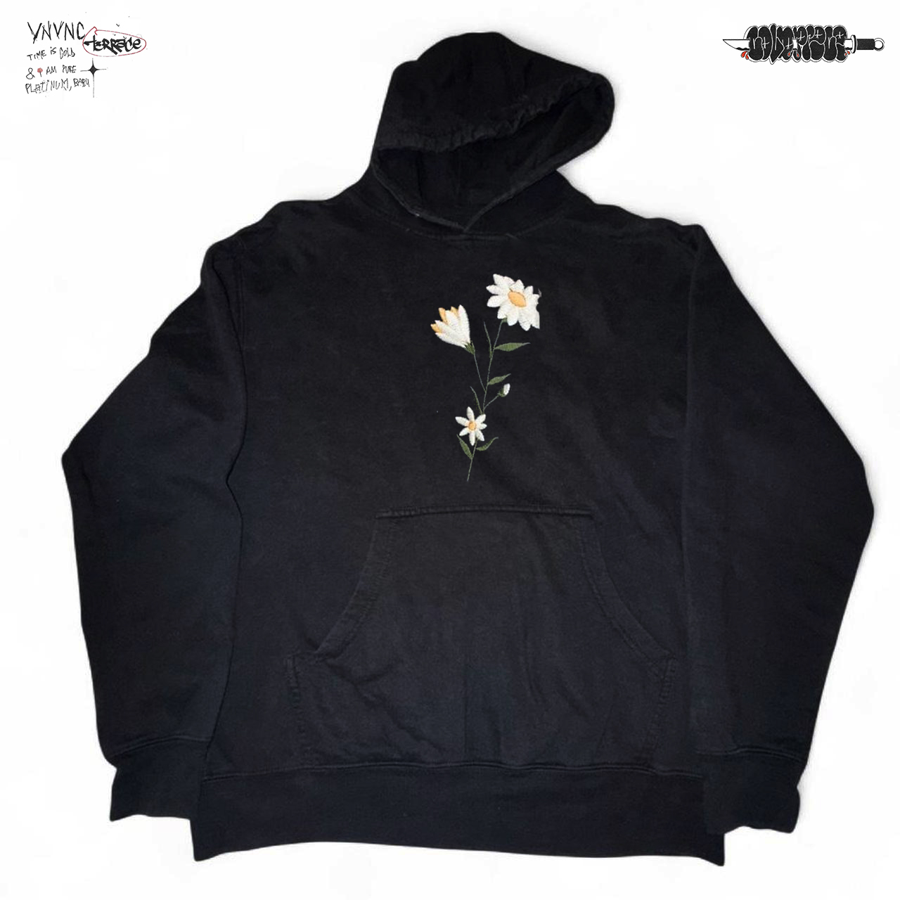 清仓款！oldschool美式复古慵懒风仿真刺绣小花连帽卫衣男女情侣