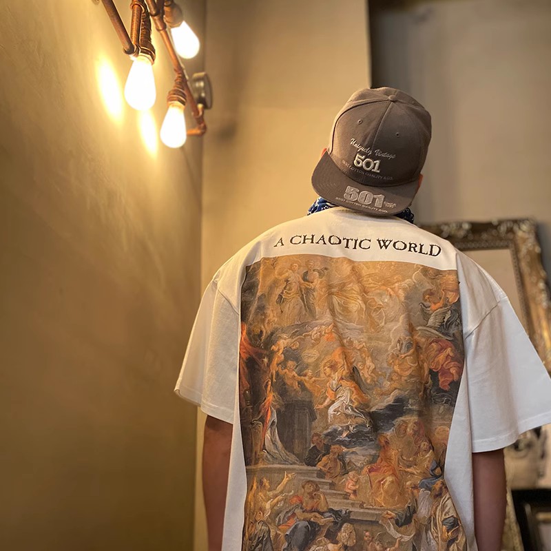 王有病工作室 重磅260G！油画复古vintage情侣装男女学院短袖T恤