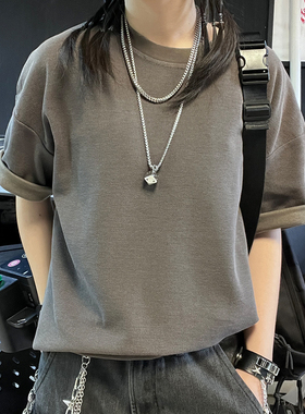 王有病工作室 纯色华夫格深灰色高级感学生情侣装百搭上衣短袖T恤