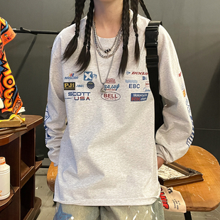 T恤慵懒风 复古休闲赛车运动长袖 清仓款 重磅街头风vintage美式