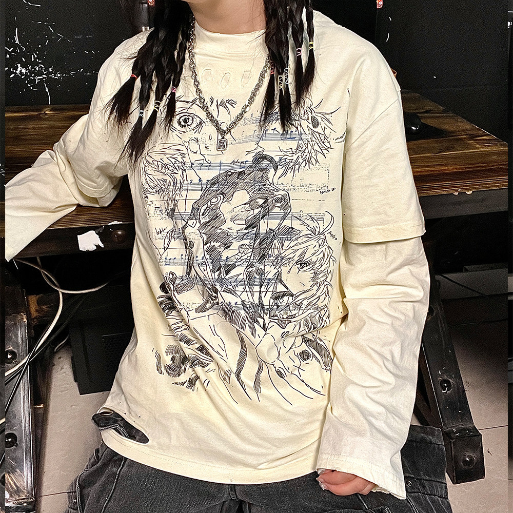 王有病工作室！线谱卡通头像艺术学生穿搭破洞短袖脏脏长T真两件