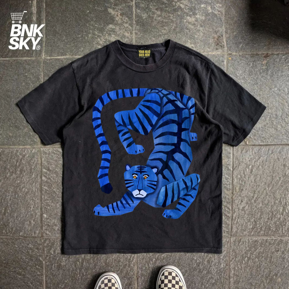 王有病工作室 美式old school蓝色老虎插画抽象艺术街头风短袖T恤