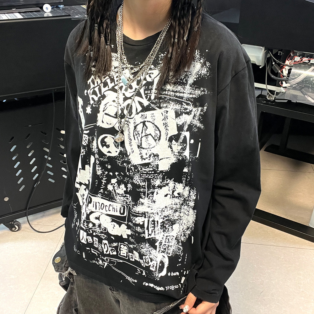 王有病工作室 180G复古做旧脏脏长袖T恤亚文化嘻哈风创意街头叠穿