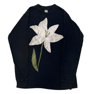 OLDSCHOOL美式复古慵懒风百合花纯手工缝制高级感长袖T恤重磅上衣
