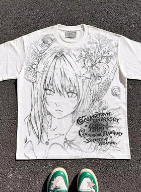 王有病工作室 重磅260G！亚文化Y2K千禧风宽松短袖T恤男女情侣装