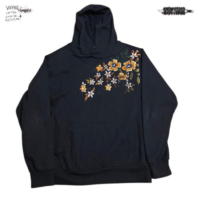 清仓款！仿真刺绣质感古风花朵黑色卫衣重磅慵懒风大码情侣连帽衫
