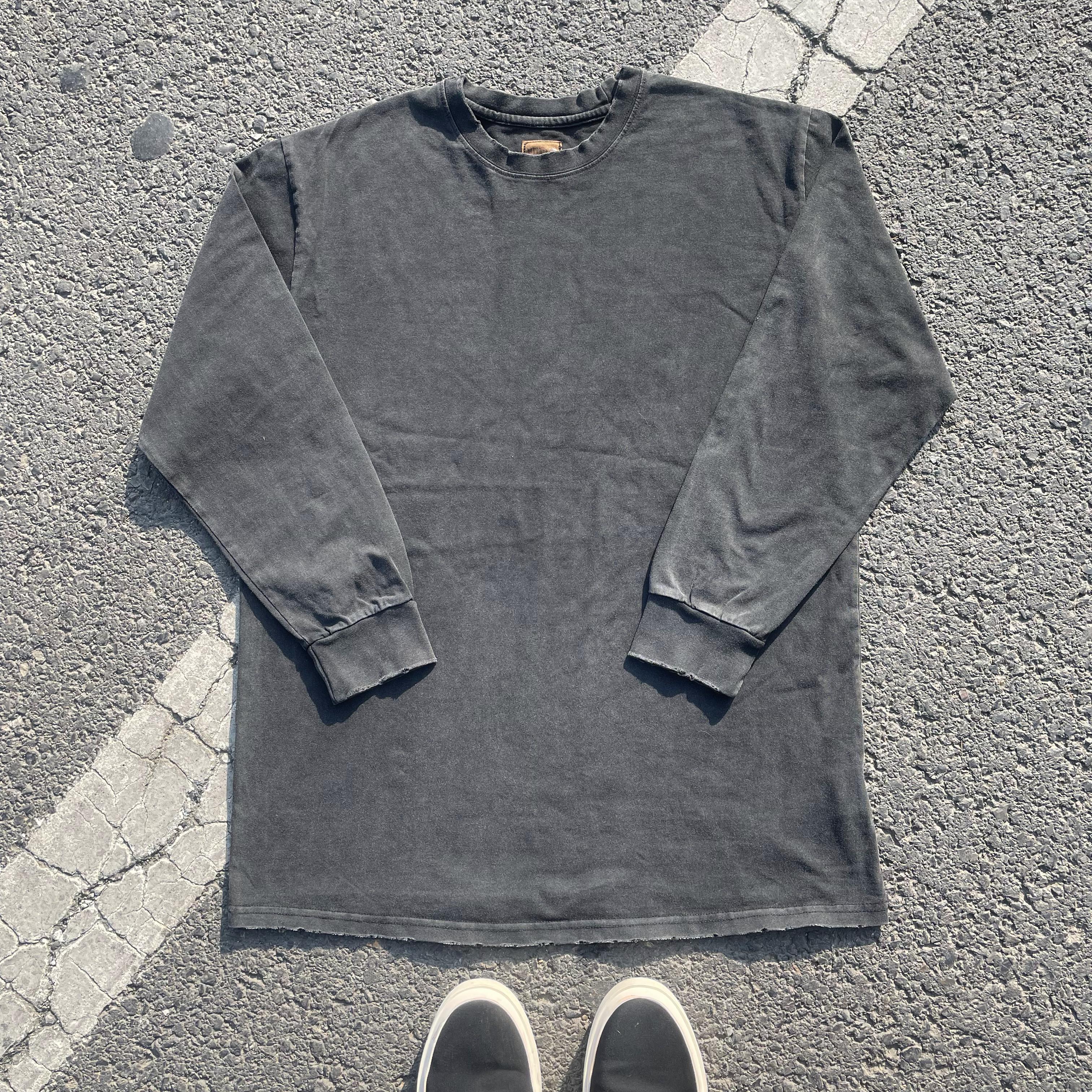 330克 美式复古阿美咔叽嘻哈高街水洗黑纯色长袖t恤重磅做旧男