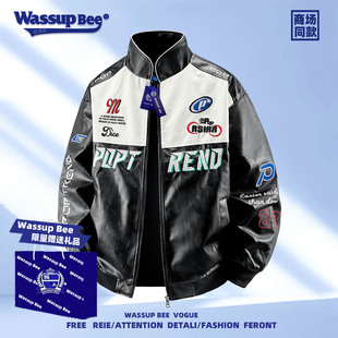 夹克秋冬季 机车皮衣男士 棒球服飞行员立领加绒外套 BEE美式 WASSUP