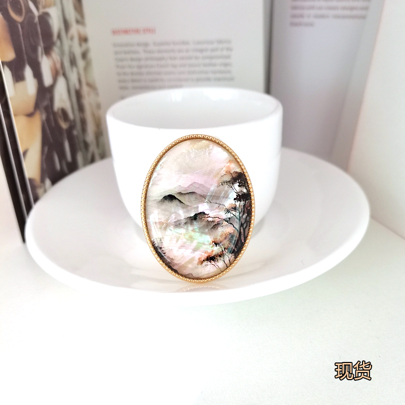 男士胸针 国风山水画天然贝壳胸针 可订制图案别针 简约精致胸针