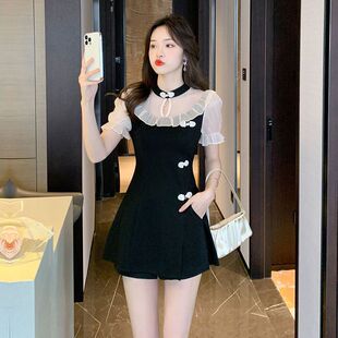 短裤套装女改良旗袍连衣裙新款木耳边网纱拼接洋气减龄两件套